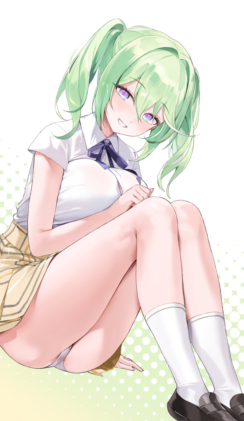1girl absurdres ass black_shoes blue_eyes breasts button_gap choyeon collared_shirt green_hair grin hashtag-only_commentary highres kneehighs knees_up large_breasts loafers long_hair looking_at_viewer multicolored_eyes neck_ribbon panties purple_eyes ribbon school_uniform shirt shirt_tucked_in shoes short_sleeves sitting skirt smile socks solo stellive thighs twintails two-tone_background two-tone_eyes underwear virtual_youtuber white_background white_panties white_shirt white_socks yellow_skirt yuzuha_riko