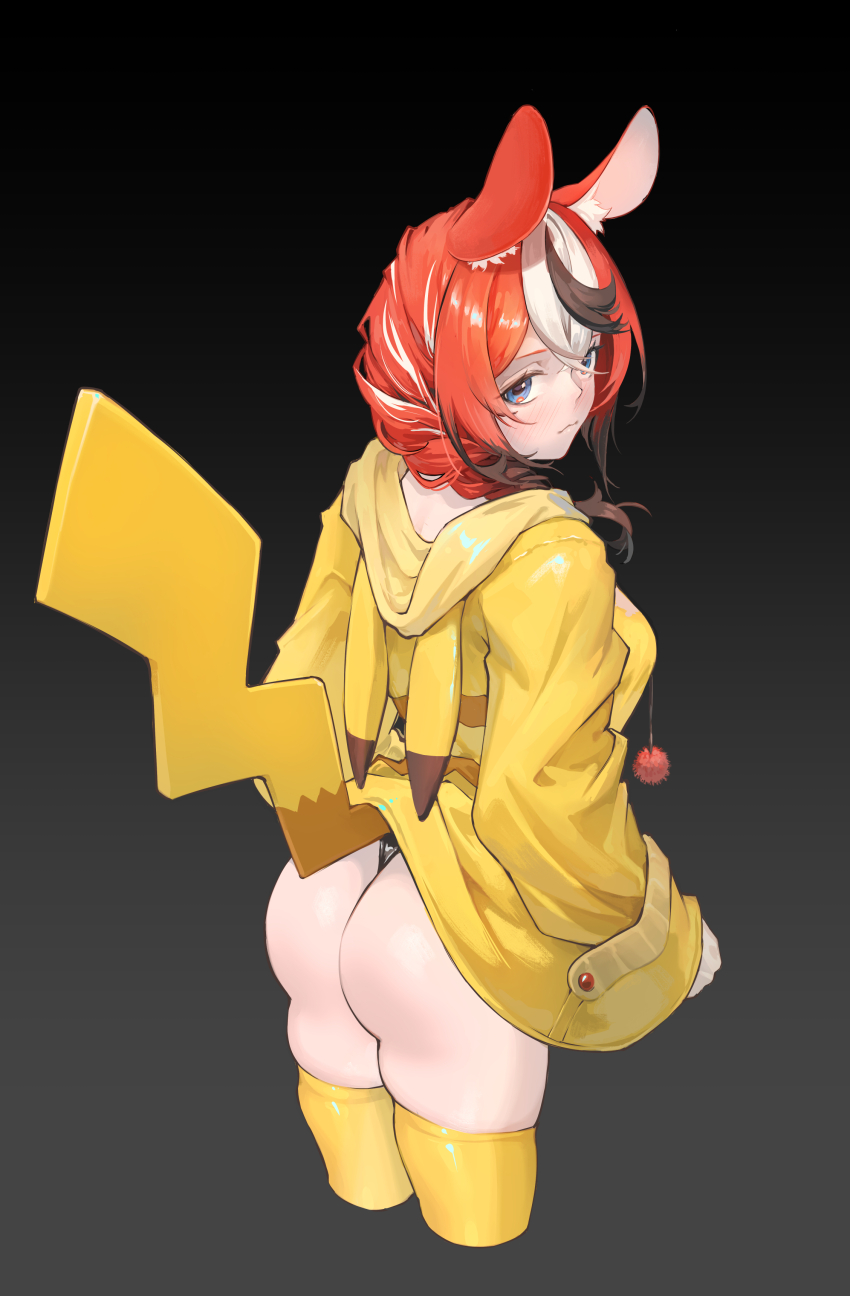 1girl :3 absurdres animal_ears ass black_background black_hair black_panties blue_eyes braid braided_ponytail breasts character_hood colored_tips commentary cosplay cropped_legs double-parted_bangs gen_1_pokemon gradient_background grey_background hair_between_eyes hair_over_shoulder hakos_baelz hands_in_pockets highres hololive hololive_english hood hoodie long_sleeves looking_at_viewer looking_back low_ponytail medium_breasts mouse_ears mouse_girl multicolored_hair nintendo panties pikachu pikachu_(cosplay) pikachu_hood pikachu_tail pokemon pokemon_tail ponytail red_hair short_hair simple_background solo streaked_hair tail thighhighs twin_braids underwear virtual_youtuber white_hair yellow_hoodie yellow_thighhighs zetsuental
