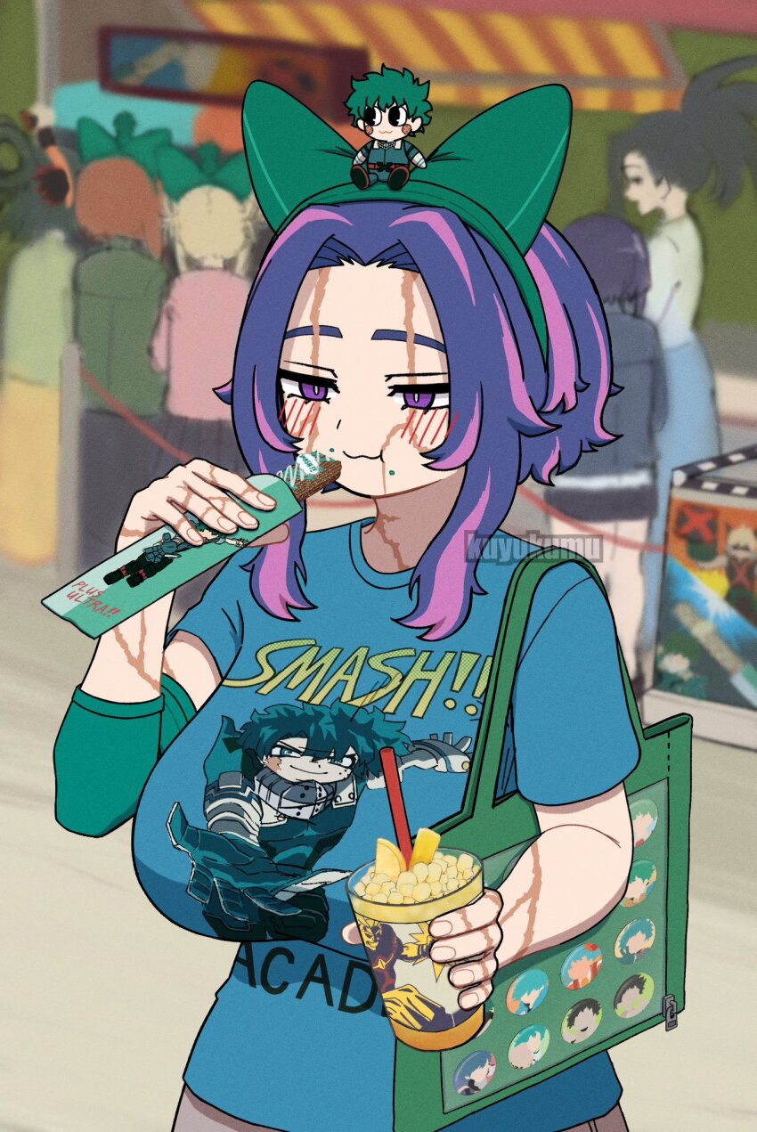 6+girls all_might asui_tsuyu bag bakugou_katsuki blurry blush boku_no_hero_academia breasts bright_pupils casual character_doll churro crumbs cup depth_of_field doll doll_on_head drink drinking_straw eating elbow_sleeve eyebrow_cut hairband highres holding holding_cup itabag jiro_kyoka kuyukumu lady_nagant large_breasts midoriya_izuku multicolored_hair multiple_girls oshi-katsu otaku purple_hair revision scar scar_across_eye scar_on_arm scar_on_face scar_on_hand scar_on_neck shirt shoulder_bag smile solo_focus t-shirt toga_himiko two-tone_hair uraraka_ochako watermark white_pupils yaoyorozu_momo