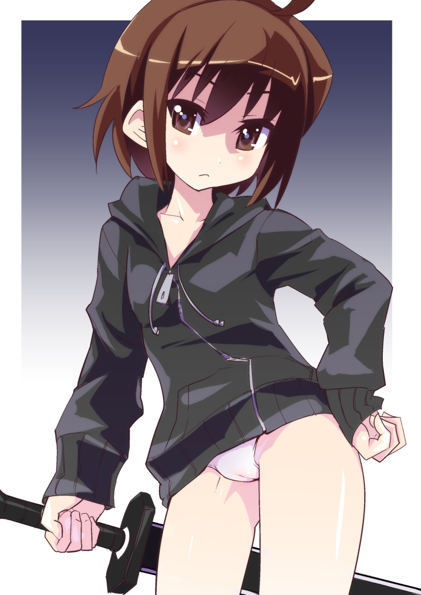 1girl :&lt; ahoge brown_eyes brown_hair cameltoe contrapposto hand_on_hilt hand_on_own_hip highres hood hoodie linne_(under_night_in-birth) no_pants panties reverse_grip short_hair standing sword takashi_moritaka under_night_in-birth underwear weapon white_panties zipper