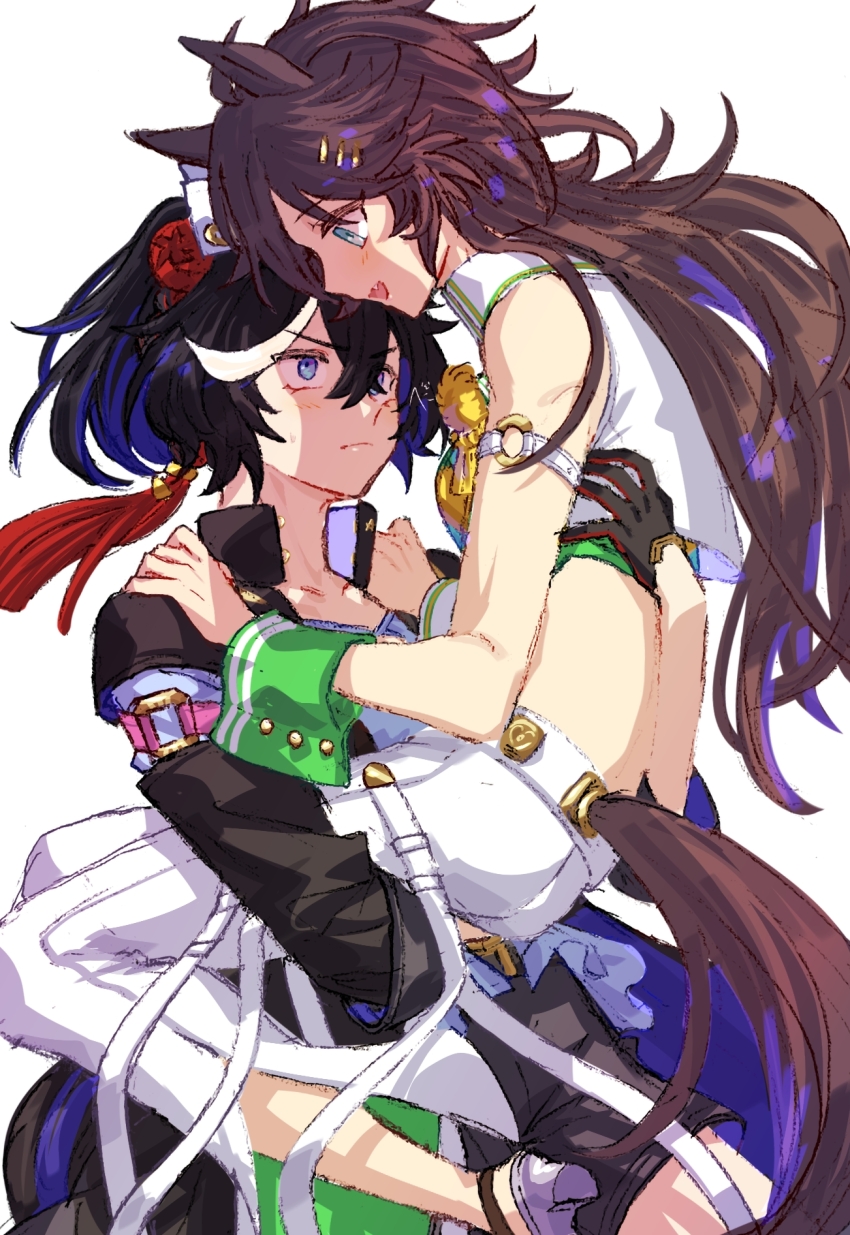 2girls ahoge animal_ears armband black_hair black_shorts black_socks black_vest blue_eyes brown_hair choker commentary_request ear_covers foot_out_of_frame gloves hair_ornament hairclip hand_on_own_hip hat high_heels high_tops highres horse_ears horse_girl horse_tail jacket jagaimobeniko katsuragi_ace_(umamusume) kneehighs long_sleeves looking_at_viewer midriff mini_hat mini_top_hat mr._c.b._(umamusume) multiple_girls open_mouth pants ponytail shirt shoes short_hair shorts single_sleeve single_wrist_cuff smile sneakers socks standing strapless strapless_shirt tail top_hat umamusume vest white_pants wrist_cuffs