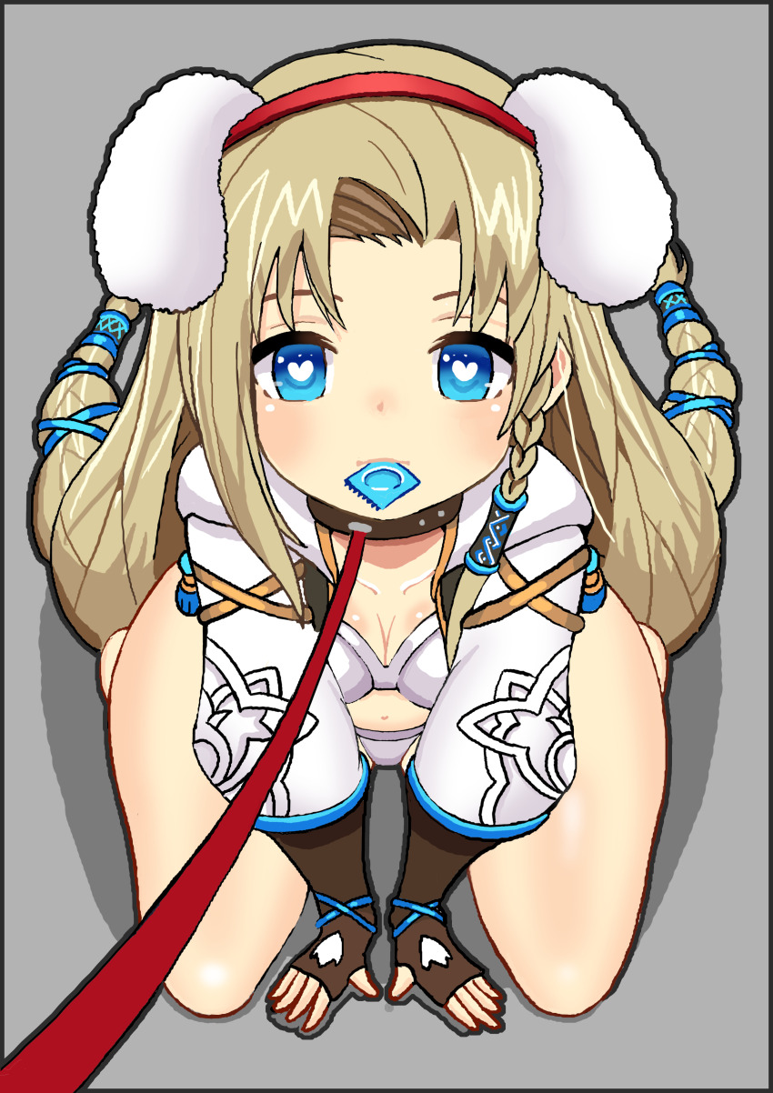 absurdres animal_ear_hairband animal_ears between_legs bikini blonde_hair blony_(mabinogi) blue_eyes collar condom condom_in_mouth etiopiaalicha fake_animal_ears hairband hand_between_legs heart heart-shaped_pupils highres mabinogi mouth_hold navel rabbit_ear_hairband rabbit_ears sitting swimsuit symbol-shaped_pupils wariza