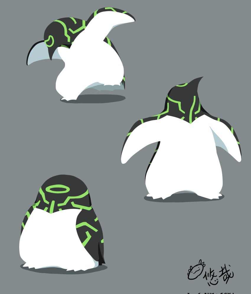 alien animalization ben_10 bird bird_wings character_signature corrupted_twitter_file grey_background highres looking_up multiple_views one-eyed penguin upgrade_(ben_10) wings youzaiyouzai112