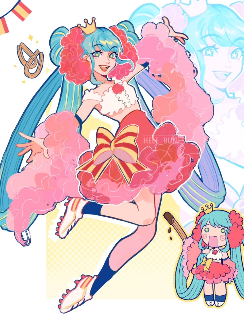 1girl arm_up black_socks blue_eyes blue_hair bow churro cleats crown flower full_body hachune_miku hair_ornament hair_rings hair_scrunchie hatsune_miku hele_bun highres ievan_polkka_(vocaloid) long_hair mini_crown open_mouth pink_flower pink_skirt red_bow scrunchie shoes sidelocks skirt smile sneakers socks solo spanish_flag striped_bow very_long_hair vocaloid white_shoes worldwide_miku