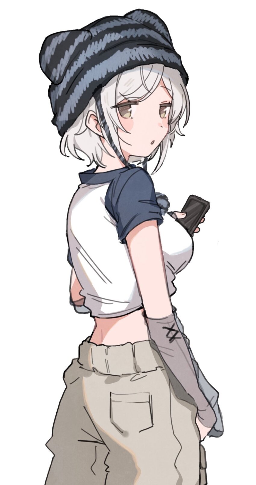 breasts cellphone from_behind highres holding holding_phone large_breasts looking_back original paragasu_(parags112) phone shirt short_hair smartphone tagme white_hair white_shirt