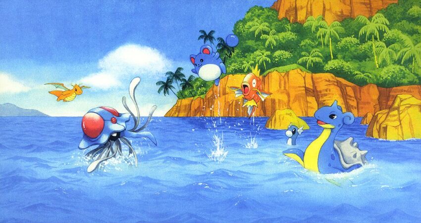 :3 :o blue_sky cliff closed_mouth cloud day dragonite dratini flying forest fukuyama_keiko gen_1_pokemon gen_2_pokemon jumping lapras magikarp marill midair nature nintendo no_humans ocean official_art open_mouth outdoors pokemon pokemon_(creature) pokemon_focus pokemon_tcg rock sky smile splashing swimming tentacles tentacruel third-party_source tree water