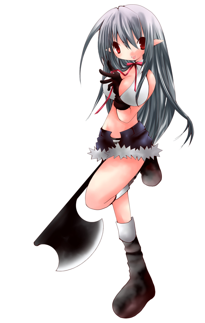 1girl 2000s_(style) absurdres arm_between_breasts axe between_breasts bikini bikini_top_only black_boots black_gloves blush boots bow bowtie breasts full_body fur-trimmed_shorts fur_trim gloves grey_hair grey_panties highres holding holding_axe large_breasts long_hair looking_at_viewer open_fly open_mouth panties pointy_ears ragnarok_online red_bow red_bowtie red_eyes short_shorts shorts simple_background smile solo standing standing_on_one_leg striped_clothes striped_panties swimsuit underwear white_background white_bikini whitesmith_(ragnarok_online) yu_(lilacxx)