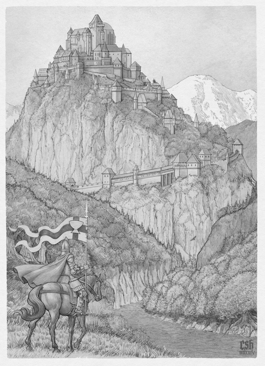 1boy armor arthurian_legend artist_name castle chalice christian_sloan_hall cup flag graphite_(medium) greyscale highres holding holding_flag knight monochrome mountain parzival_(mythology) riding river roman_numeral saddle shield solo traditional_media tree