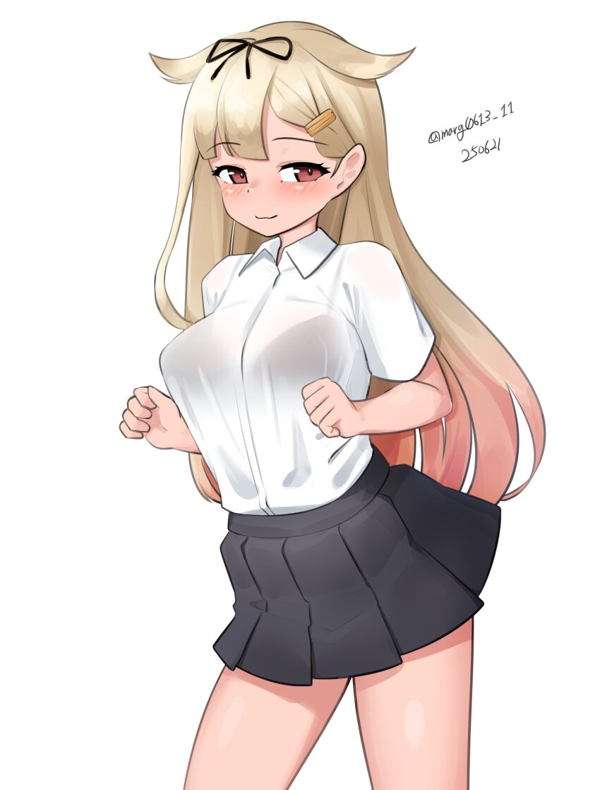 1girl absurdres alternate_costume black_skirt blonde_hair bra_visible_through_clothes collared_shirt cowboy_shot dated dress_shirt hair_flaps hair_ribbon highres kantai_collection long_hair maru_(marg0613) one-hour_drawing_challenge pleated_skirt red_eyes ribbon shirt simple_background skirt solo twitter_username white_background white_shirt yuudachi_(kancolle) yuudachi_kai_ni_(kancolle)