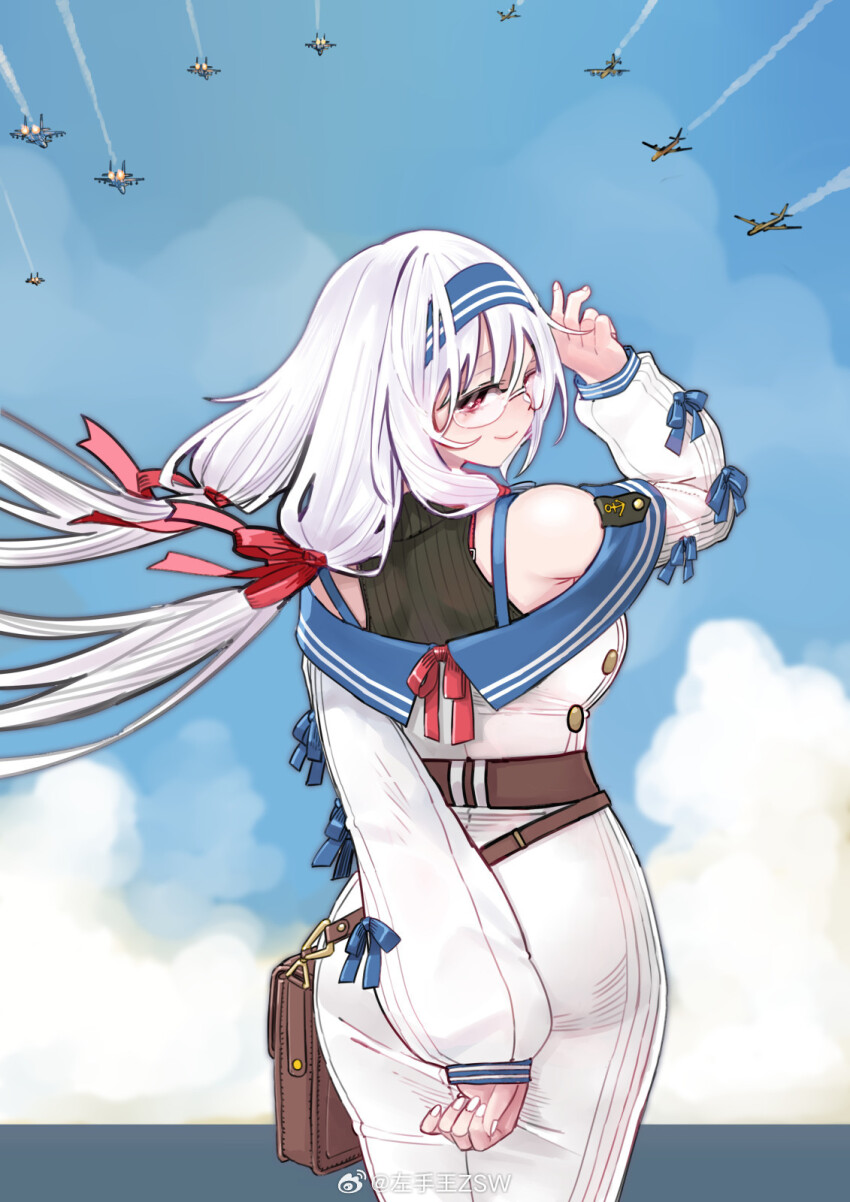 1girl aircraft airplane artist_name bag bare_shoulders belt blue_sky cloud from_behind glasses hair_ribbon hairband headband highres jiujiang_(warship_girls_r) long_hair long_sleeves looking_at_viewer looking_back low-tied_sidelocks low_twintails ocean off_shoulder red_eyes ribbon sidelocks sky solo twintails warship_girls_r watermark weibo_watermark white_hair z.s.w.