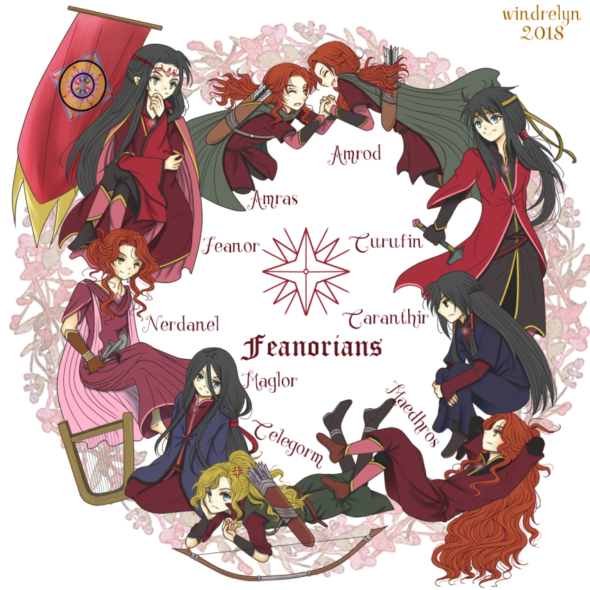1girl 2018 6+boys amras amrod anger_vein arrow_(projectile) artist_name banner belt black_hair blonde_hair blue_eyes boots bow_(weapon) brothers cape caranthir celegorm character_name closed_mouth curufin dated elf english_text family father_and_son feanor flag full_body hammer hand_on_own_face harp headband highres husband_and_wife instrument long_hair looking_at_viewer lying maedhros maglor mother_and_son multiple_boys nerdanel on_stomach open_mouth pointy_ears ponytail prince quiver red_hair robe siblings sidelocks sitting standing the_silmarillion tiara tolkien&#039;s_legendarium tunic twins wavy_hair weapon windrelyn