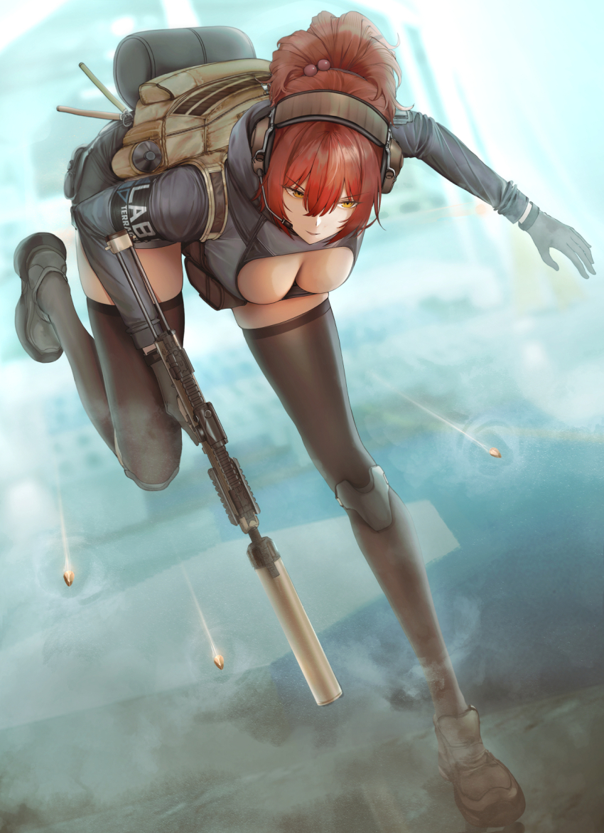 1girl alternate_costume black_gloves black_shirt black_shoes black_shorts black_thighhighs breasts bullet cleavage_cutout clothing_cutout escape_from_tarkov full_body girls&#039;_frontline gloves gun h&amp;k_mp7 hair_between_eyes hair_ornament headphones highres holding holding_gun holding_weapon hooded_shirt kitsune_udon_(qtsuneudon) knee_pads leaning_forward leg_up lightstick microphone mp7_(girls&#039;_frontline) orange_eyes parted_lips red_hair shirt shoes shorts solo submachine_gun suppressor tactical_clothes thighhighs trigger_discipline vest weapon