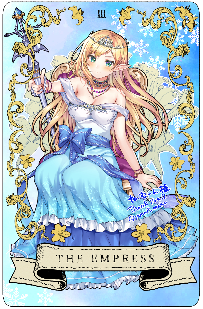 1girl absurdres bare_shoulders blonde_hair blue_bow blue_skirt blush bow breasts cleavage closed_mouth commentary_request commission commissioner_name elf frilled_skirt frills full_body green_eyes hair_ornament hand_up highres holding holding_staff iris_mysteria! large_breasts long_hair looking_at_viewer pointy_ears skeb_commission skirt smile solo staff swept_bangs tarot thank_you the_empress_(tarot) tissesaare_stuka_machulfka twitter_username white_tiara yam_(yamap_mako)