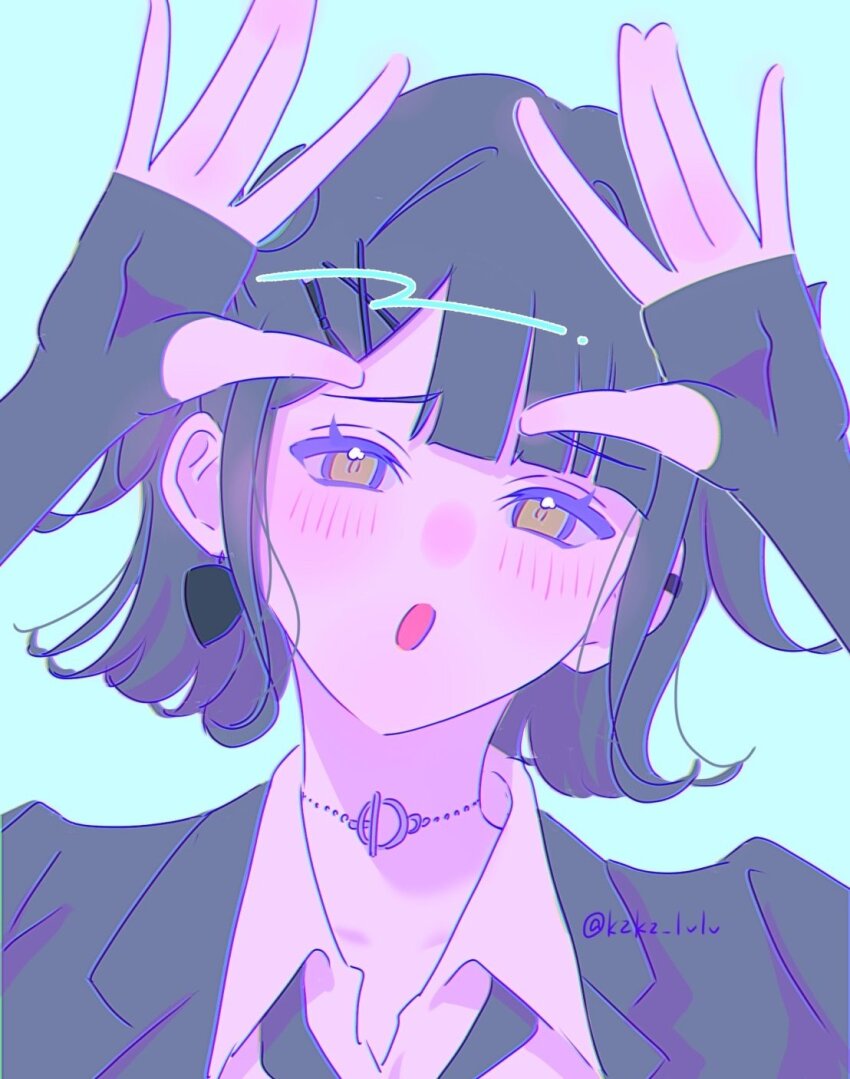 1girl :o black_jacket black_necktie blue_background collared_shirt commentary_request double_\||/ earrings embarrassed green_eyes hair_ornament highres i_do_me!_(love_live!) jacket jewelry kzkz_lvlv link!_like!_love_live! looking_at_viewer love_live! momose_ginko necktie official_alternate_costume open_clothes open_jacket open_mouth portrait purple_theme shirt single_earring solo twitter_username upper_body virtual_youtuber white_shirt x_hair_ornament
