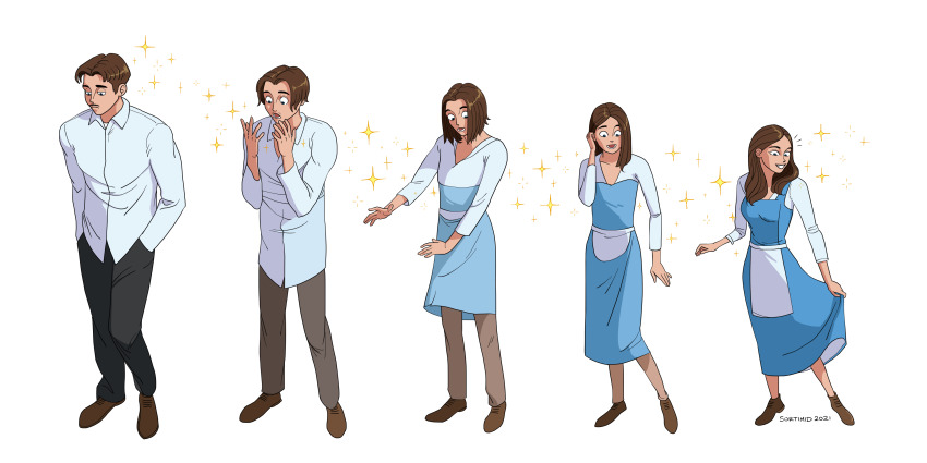 1boy 1girl 2021 absurdres apron belle_(disney) black_pants blue_dress breasts brown_hair brown_pants commentary disney dress facial_hair hands_in_pockets highres medium_breasts mustache original pants sequential shirt signature sortimid sparkle transformation untucked_shirt waist_apron white_shirt