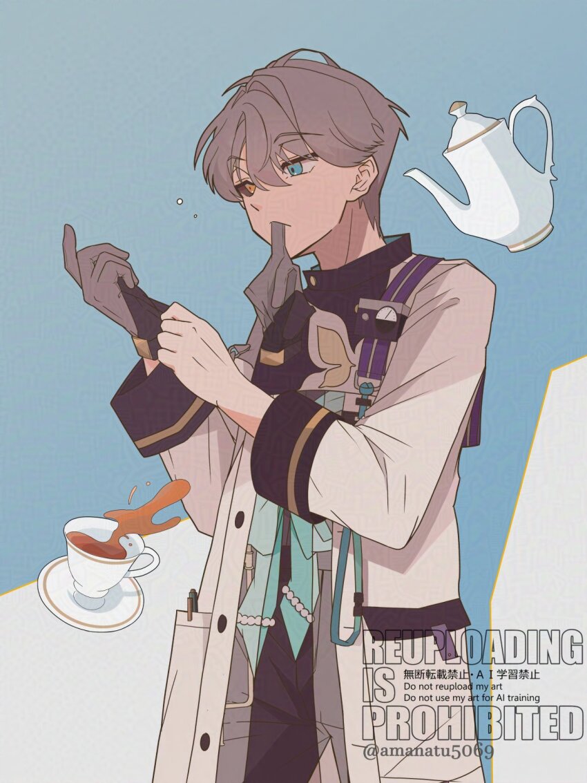 1boy adversarial_noise amanatsu_(amanatu5069) black_sclera black_shorts blue_background blue_eyes coat colored_sclera cup glove_in_mouth gloves grey_gloves grey_hair hands_up heterochromia highres id_card looking_at_hand male_focus mismatched_sclera mouth_hold putting_on_gloves reverse:1999 saucer short_hair shorts single_glove solo spill teacup teapot unworn_gloves upper_body watermark white_background white_coat x_(reverse:1999) yellow_eyes
