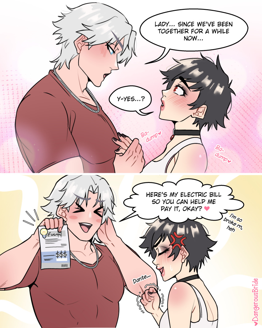 1boy 1girl absurdres anger_vein artist_name black_choker black_hair black_nails blue_eyes blush choker closed_eyes dangerousbride dante_(devil_may_cry) devil_may_cry_(netflix) devil_may_cry_(series) highres holding_hands jewelry lady_(devil_may_cry) nail_polish necklace red_eyes shirt speech_bubble white_hair white_shirt