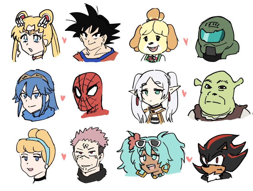 6+boys 6+girls animal_crossing assault_visor bald bishoujo_senshi_sailor_moon black_eyes black_fur black_hair blonde_hair blue_eyes blue_hair brazilian_miku cinderella cinderella_(disney) closed_mouth colored_skin commentary_request crossover dark-skinned_female dark_skin doom_(series) doomguy double_bun dragon_ball dragonball_z earrings eyewear_on_head fire_emblem fire_emblem_awakening frieren furry furry_female furry_male green_skin hair_between_eyes hair_bun hairband hatsune_miku heart helmet highres isabelle_(animal_crossing) jewelry jujutsu_kaisen lucina_(fire_emblem) marvel mask multiple_boys multiple_girls nintendo open_mouth partial_commentary pink_hair pointy_ears red_eyes ryoumen_sukuna_(jujutsu_kaisen) sailor_moon shadow_the_hedgehog shrek shrek_(series) smile son_goku sonic_(series) sousou_no_frieren spider-man spider-man_(series) spiked_hair sunglasses teeth tenten_(chan4545) tiara tsukino_usagi twintails upper_body upper_teeth_only vocaloid white_background white_hair