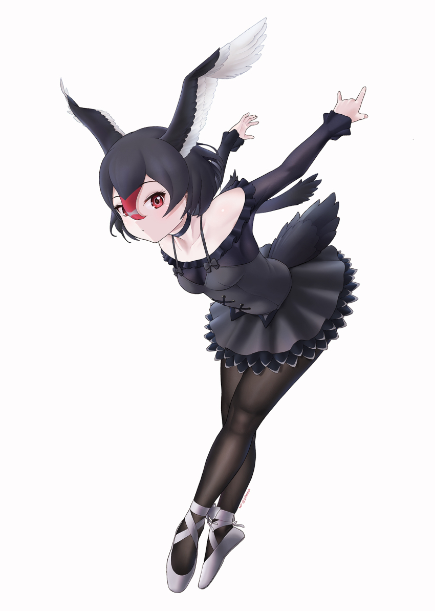 1girl ballet ballet_slippers beleven bird_girl bird_tail bird_wings black_choker black_hair black_pantyhose black_shirt black_skirt black_swan_(kemono_friends) choker collar collarbone dancing frilled_collar frilled_skirt frills hair_between_eyes head_wings highres kemono_friends long_sleeves looking_at_viewer orange_eyes pantyhose pleated_skirt red_hair shirt short_hair skirt solo swan_girl tail white_footwear wings