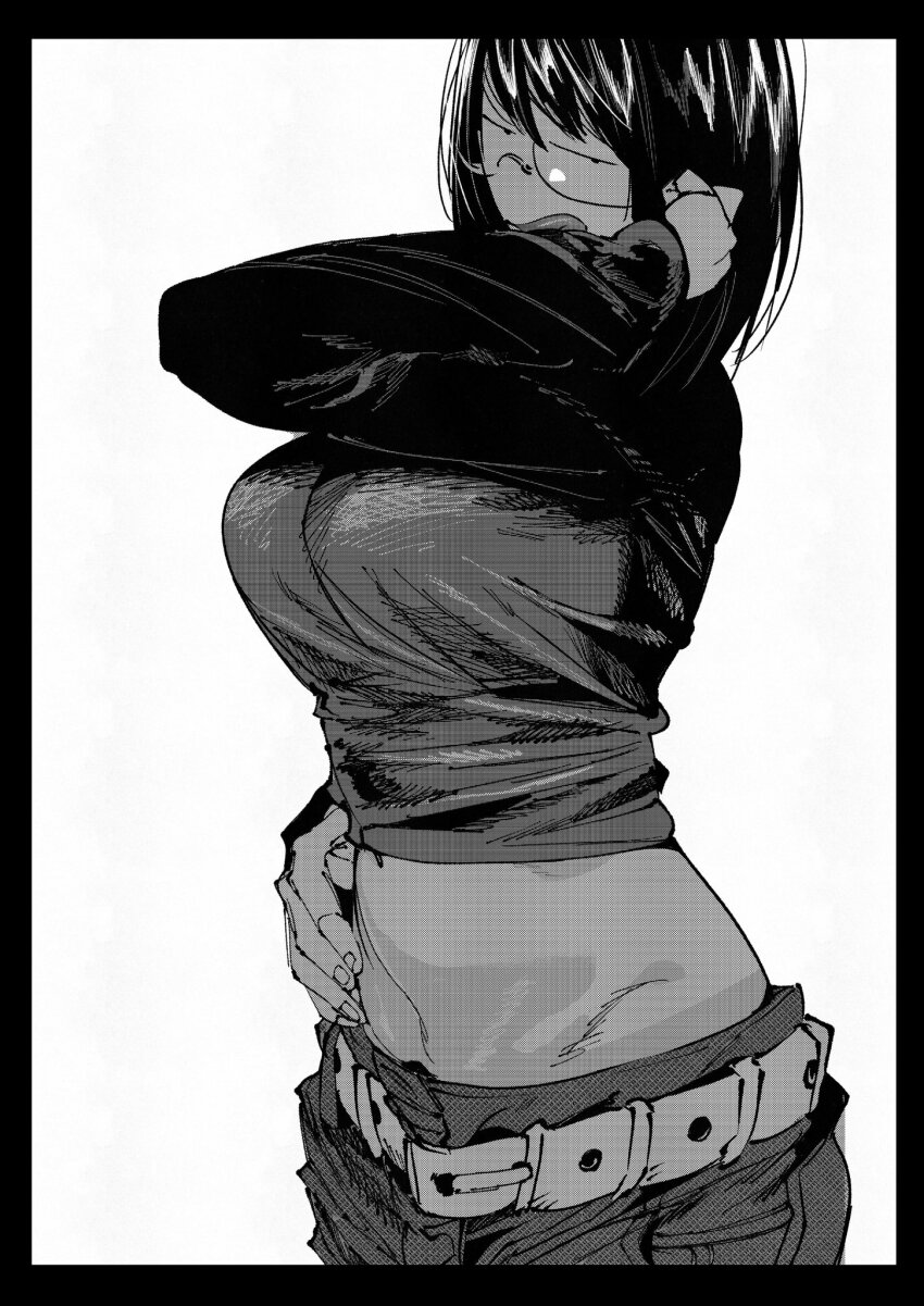 1girl glasses hachinuki_tetsuyo highres navel she_(hachinuki_tetsuyo) short_hair tagme tongue