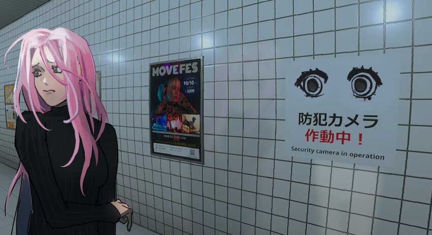 1girl absurdres alien_stage commentary english_commentary green_eyes hand_on_own_arm highres long_hair long_sleeves mizi_(alien_stage) mochiinery pink_hair poster_(object) shirt solo the_exit_8 tile_wall tiles turtleneck turtleneck_shirt