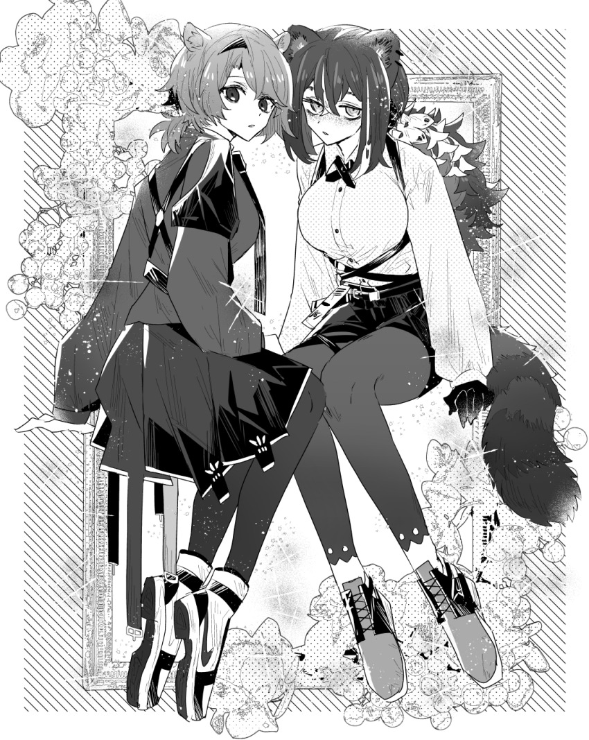 2girls absinthe_(arknights) animal_ears animal_hands arknights bags_under_eyes bear_ears bear_girl border breasts buttons collared_shirt cross-laced_footwear cross_tie crossed_bangs expressionless full_body greyscale hair_between_eyes highres invisible_chair iwashi_80 long_hair long_sleeves looking_at_viewer monochrome multiple_girls ornate_border outside_border pantyhose parted_lips ponytail raccoon_ears raccoon_girl raccoon_tail robin_(arknights) shirt shoes short_hair shorts sitting tail