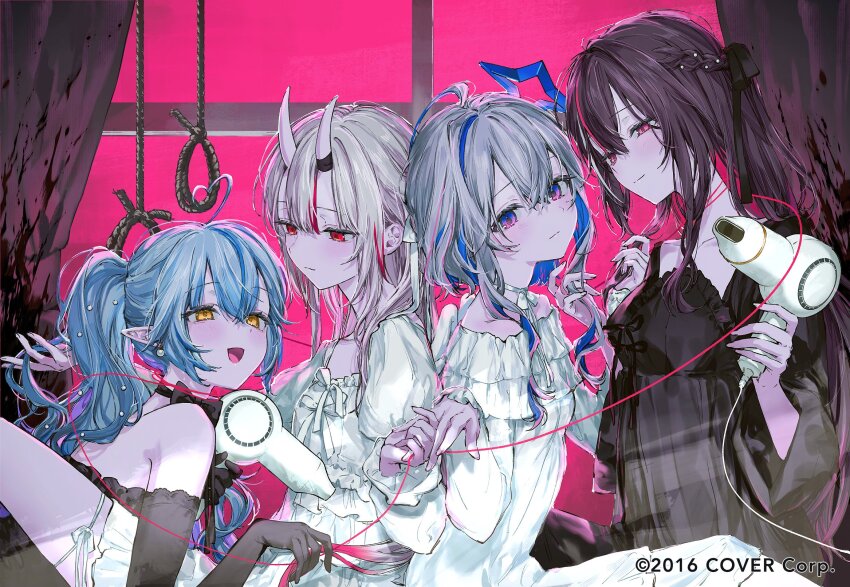 4girls ahoge alternate_costume amane_kanata angel_wings azki_(hololive) babydoll black_babydoll black_gloves black_hair blood blood_stain blue_hair bow bow_choker braid choker closed_mouth collarbone commentary_request company_name copyright_notice crossed_bangs curtains double-parted_bangs elbow_gloves elf gloves grey_hair hair_dryer half_up_half_down_braid heart heart_ahoge high_ponytail highres holding holding_hair_dryer hololive horns leaning_on_person long_hair long_sleeves looking_at_another multicolored_hair multiple_girls nakiri_ayame nekoyashiki_pushio nightgown noose official_art oni open_mouth pink_eyes pink_hair pointy_ears ponytail purple_eyes red_eyes red_hair rope shuriken_hair_ornament single_hair_intake skin-covered_horns sleepwear streaked_hair string string_of_fate three_quarter_view two-tone_hair virtual_youtuber white_nightgown window wings yellow_eyes yukihana_lamy
