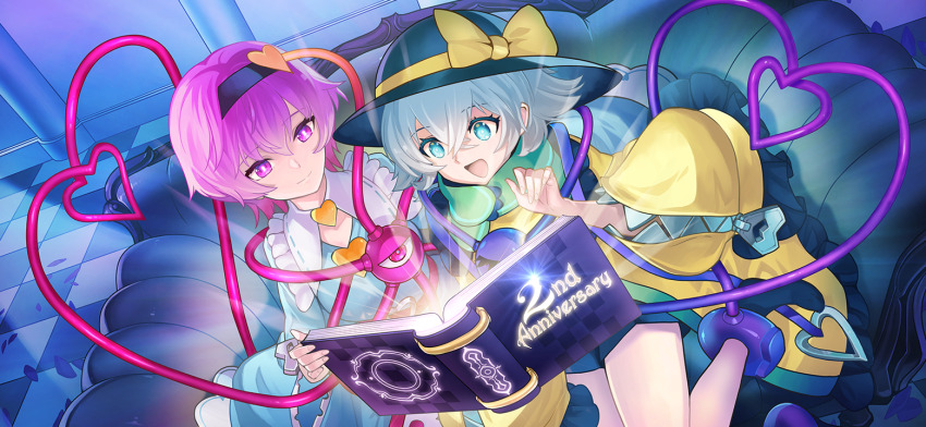 2girls adapted_costume anniversary artist_request black_hairband black_hat black_shorts blue_dress book bow buttons coat couch dress eyeball frilled_shirt_collar frills game_cg glowing green_eyes green_hair hair_ornament hairband hat hat_bow heart heart_button heart_hair_ornament heart_of_string holding holding_book komeiji_koishi komeiji_satori long_sleeves multiple_girls non-web_source official_art on_couch open_book open_mouth pink_eyes pink_hair reading reading_together ribbon-trimmed_collar ribbon_trim second-party_source shirt shorts siblings sisters sitting sleeve_zipper smile third_eye touhou touhou_gensou_eclipse yellow_bow yellow_coat zipper zipper_pull_tab