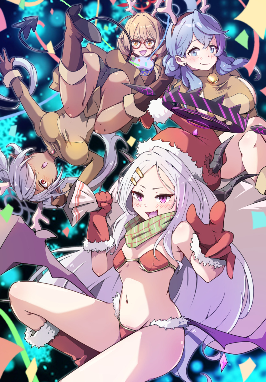 4girls :o ako_(blue_archive) alternate_costume animal_costume armor bag bell bikini_armor black_pantyhose blue_archive blue_background blue_eyes blue_hair blue_halo boots breasts brown_hair chinatsu_(blue_archive) cowbell dark-skinned_female dark_skin demon_girl demon_horns demon_wings earrings fake_antlers glasses gloves green_scarf grey_hair grey_halo halo highres hina_(blue_archive) holding holding_bag horns iori_(blue_archive) jewelry large_breasts medium_hair mosuke1221 multiple_girls navel pantyhose pointy_ears prefect_team_(blue_archive) purple_eyes purple_halo red_eyes red_footwear red_gloves red_halo reindeer_costume santa_boots santa_gloves scarf single_wing small_breasts stomach thighs twintails white_hair wings