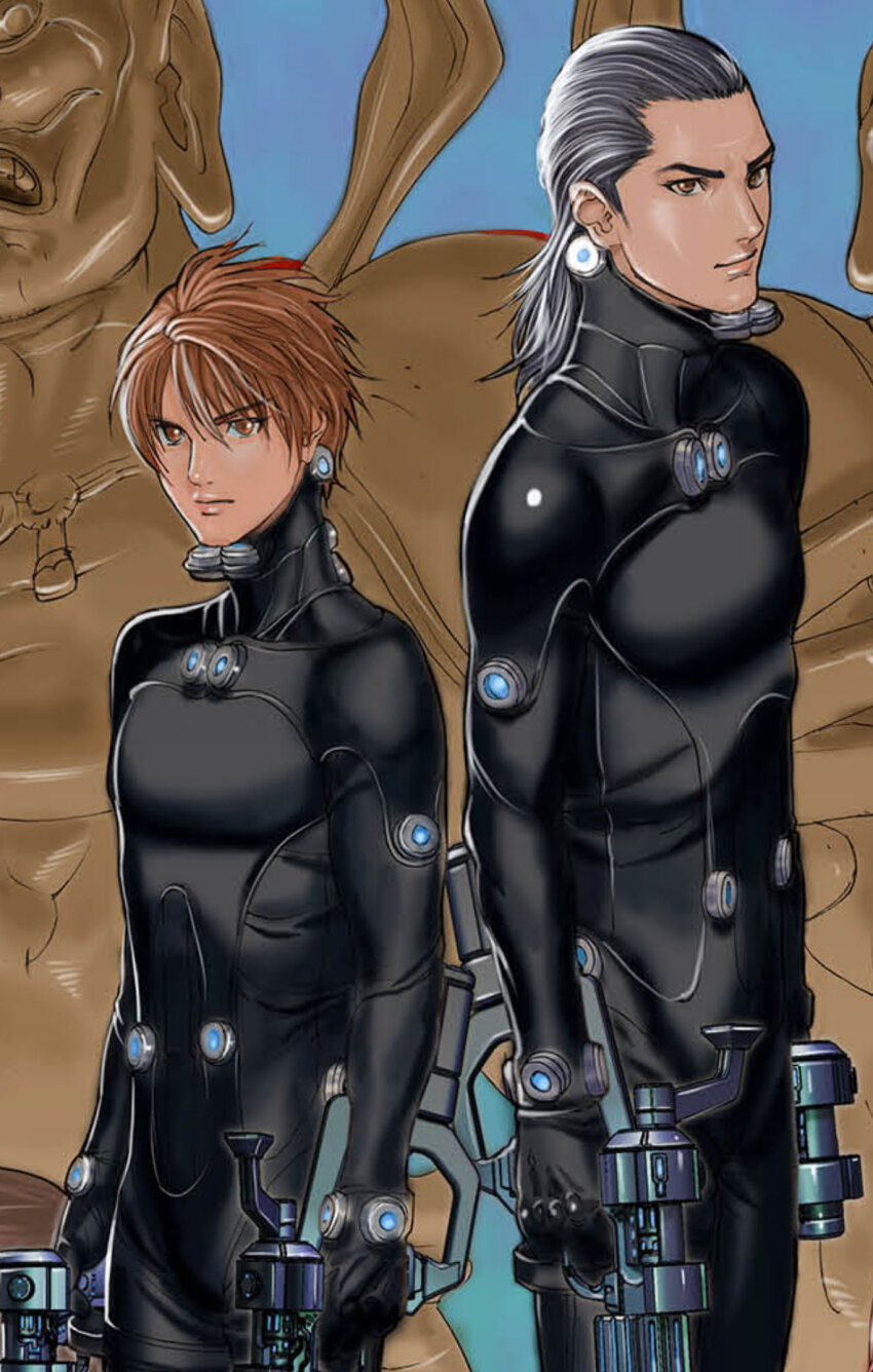 2boys black_bodysuit black_hair bodysuit brown_eyes brown_hair closed_mouth dual_wielding gantz gantz_suit gun hair_between_eyes hair_slicked_back height_difference highres holding holding_gun holding_weapon katou_masaru kurono_kei latex latex_bodysuit looking_at_viewer medium_hair multiple_boys official_art oku_hiroya short_hair skin_tight standing tsurime v-shaped_eyebrows weapon x-gun x-rifle
