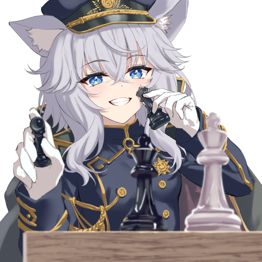 1girl animal_ear_fluff animal_ears bishop_(chess) blue_eyes blue_jacket board_game cat_ears chess chess_piece commentary_request cuckoo_ki gloves grey_hair hair_between_eyes hat highres holding holding_chess_piece jacket king_(chess) long_sleeves looking_at_viewer military_hat pawn_(chess) queen_(chess) simple_background smile solo sophia_noscova teeth unravel_trigger upper_body white_background white_gloves