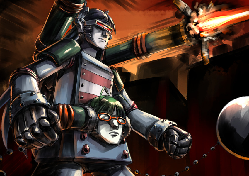 absurdres antenna_hair assault_visor blue_hair city closed_mouth firing glasses green_hair gun highres hold111 idolmaster idolmaster_(classic) kisaragi_(mujin_gattai_kisaragi) mecha mecha_focus mujin_gattai_kisaragi outdoors robot science_fiction shoulder_cannon weapon