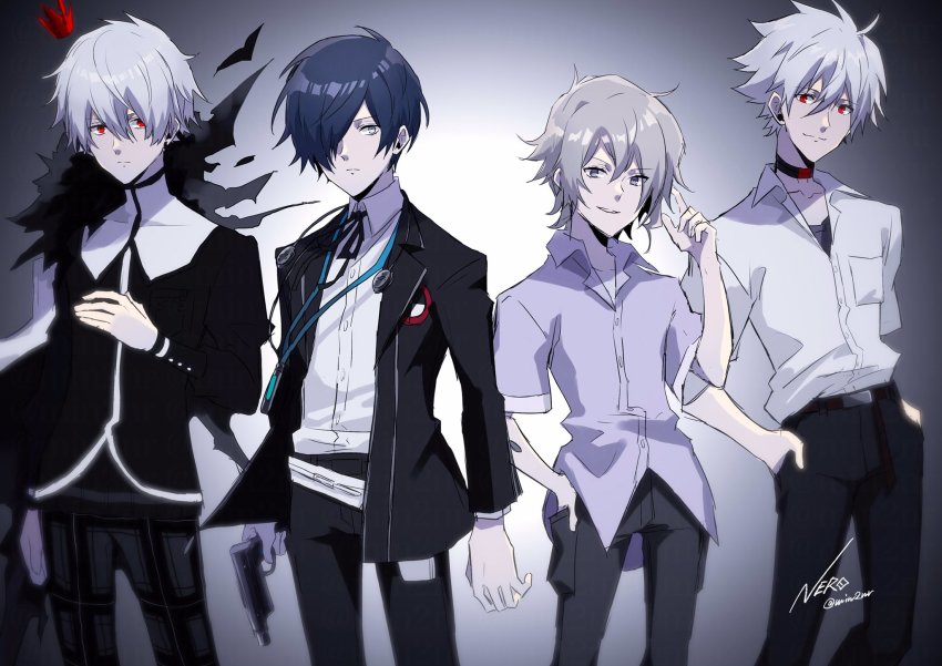 4boys belt black_pants blue_hair choker collared_shirt eme_(204) evoker gekkoukan_high_school_uniform grey_hair grey_shirt hair_over_one_eye hand_in_pocket highres kiryu_yoshiya male_focus monark multiple_boys nagisa_kaworu neon_genesis_evangelion pants persona persona_3 purple_eyes school_uniform shirt shirt_pocket subarashiki_kono_sekai wavy_hair white_hair yuuki_makoto_(persona_3)