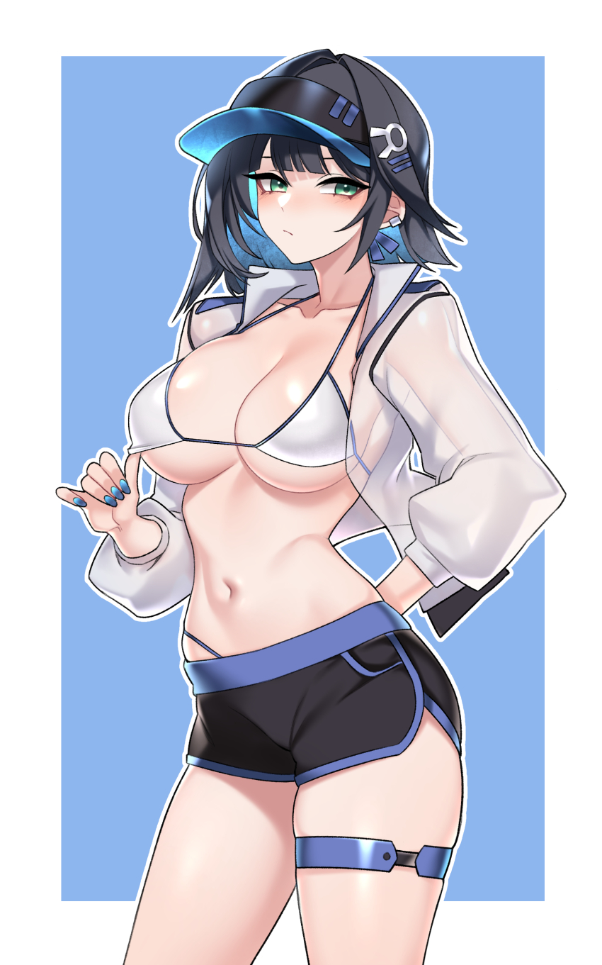 1girl abigail_(black_survival) absurdres bikini black_hair black_hat black_shorts black_survival blue_background blue_hair blue_nails border breasts cleavage closed_mouth collarbone colored_inner_hair commentary_request dogs_(dlrkdejr26) eternal_return:_black_survival fingernails green_eyes hand_on_own_hip hat highres jacket large_breasts long_sleeves looking_at_viewer medium_hair multicolored_hair nail_polish navel open_clothes open_jacket outline outside_border puffy_long_sleeves puffy_sleeves see-through_clothes see-through_jacket short_shorts shorts solo swimsuit thigh_strap thighs white_bikini white_border white_jacket white_outline