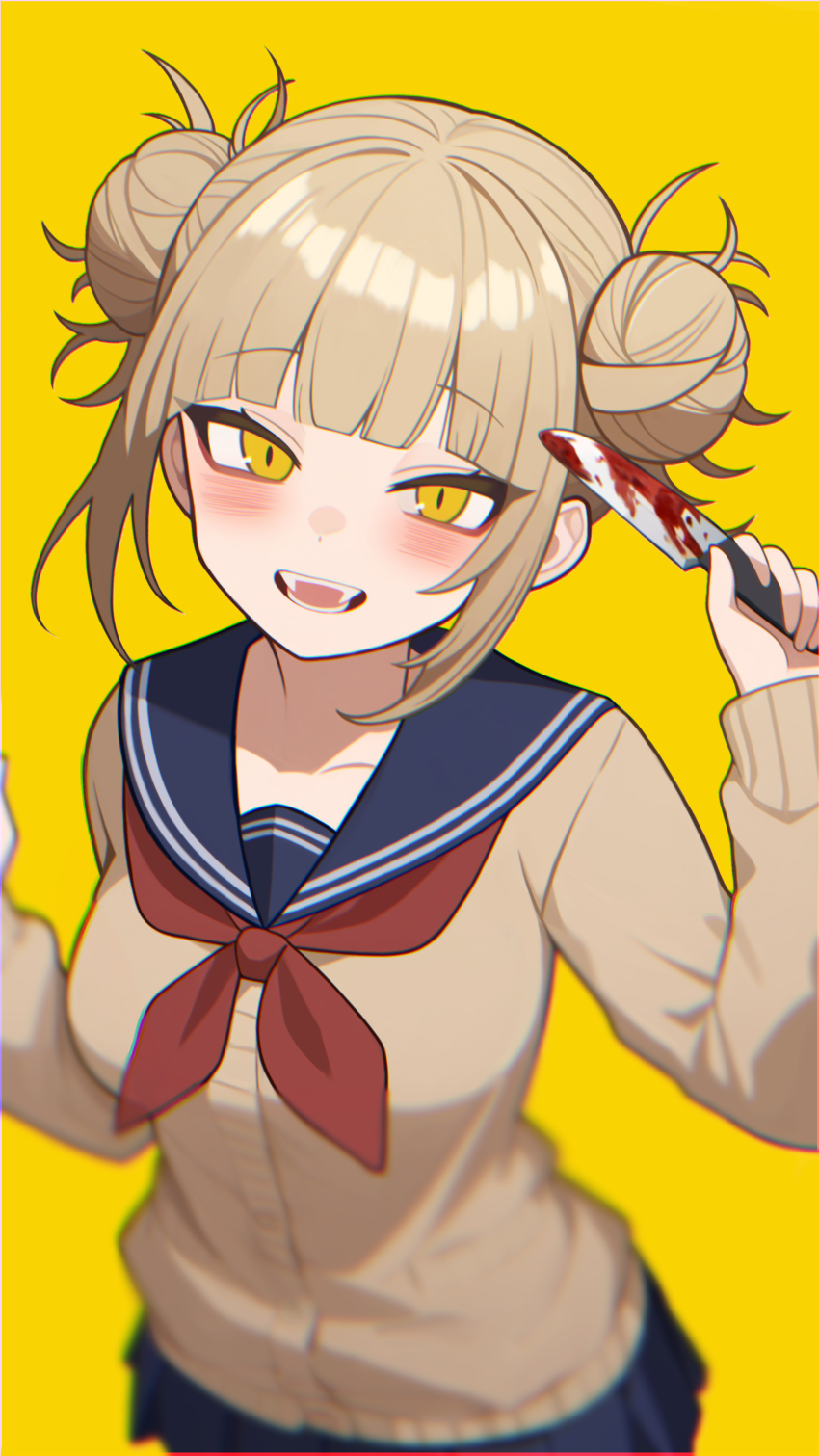1girl absurdres blonde_hair blood bloody_knife blue_sailor_collar blunt_bangs blush boku_no_hero_academia breasts cardigan commentary double_bun fangs fuminshou_(nekopan_art) hair_bun highres holding holding_knife knife long_sleeves looking_at_viewer messy_hair neckerchief open_mouth red_neckerchief sailor_collar school_uniform serafuku short_hair sidelocks skirt smile solo teeth toga_himiko yellow_background yellow_cardigan yellow_eyes