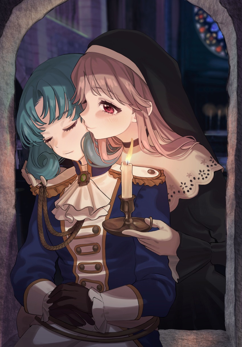 2girls absurdres aiguillette altar aqua_hair arch ascot black_dress black_gloves black_veil blue_jacket blurry blurry_background blush breasts candle candlestand closed_eyes closed_mouth coif commentary_request curtained_hair dress epaulettes frilled_sleeves frills gem gloves green_gemstone habit hand_up hands_on_lap head_tilt highres holding holding_another&#039;s_hair holding_candle idolmaster idolmaster_million_live! idolmaster_million_live!_theater_days jacket kiss kissing_cheek light_brown_hair long_hair long_sleeves looking_at_another medium_breasts military_jacket multiple_girls opera_seria_kiramekiza puckered_lips red_eyes ringlets sidelocks sitting small_breasts smile stained_glass tanupon tenkuubashi_tomoka thick_eyelashes tokugawa_matsuri upper_body veil white_ascot yuri