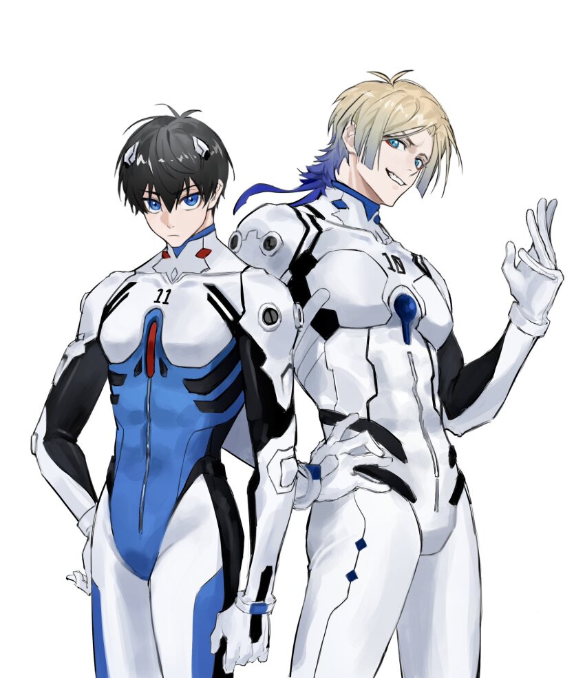 2boys black_hair blonde_hair blue_eyes chinese_commentary closed_mouth commentary_request gloves gradient_hair grin hair_between_eyes hand_on_own_hip highres interface_headset_(evangelion) itoshi_rin looking_to_the_side male_focus mecha_pilot_suit michael_kaiser multicolored_hair multiple_boys neon_genesis_evangelion plugsuit_(evangelion) right_ttttt sideways_glance simple_background smile teeth white_background white_gloves