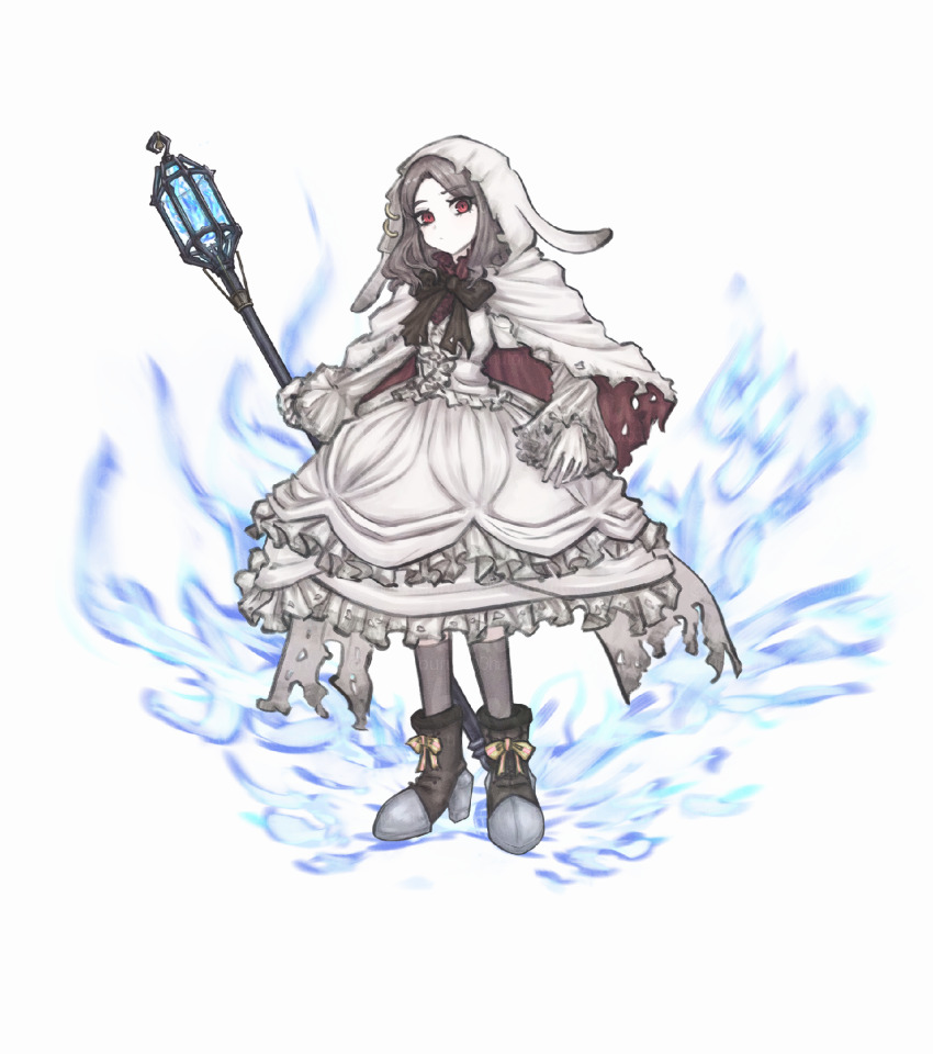 alternate_costume cape dress ebizuka_tomo fantasy full_body girls_band_cry grey_hair highres red_eyes short_hair simple_background thighhighs tomare_(akashingou) white_background white_dress