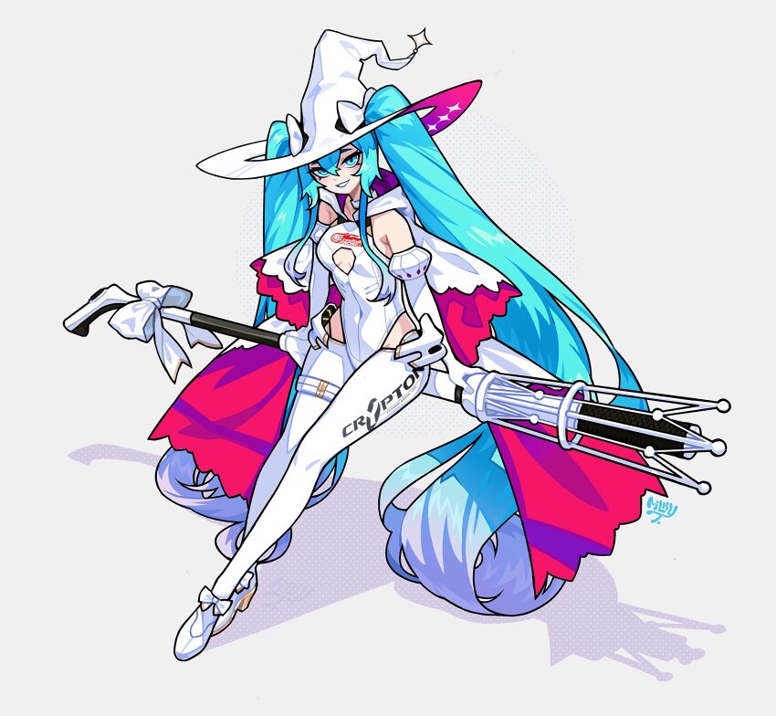 1girl aqua_eyes aqua_hair boots breasts broom broom_riding cape center_opening colored_shoe_soles commentary covered_navel elbow_gloves english_commentary full_body gloves gold_trim hat hatsune_miku highres hip_gear holding holding_behind_back holding_broom large_hat leotard logo long_hair looking_at_viewer mechanical_broom milkytiddyboy racing_miku racing_miku_(2024) small_breasts solo thigh_boots twintails two-sided_cape two-sided_fabric two-sided_headwear very_long_hair vocaloid white_boots white_cape white_gloves white_leotard witch_hat