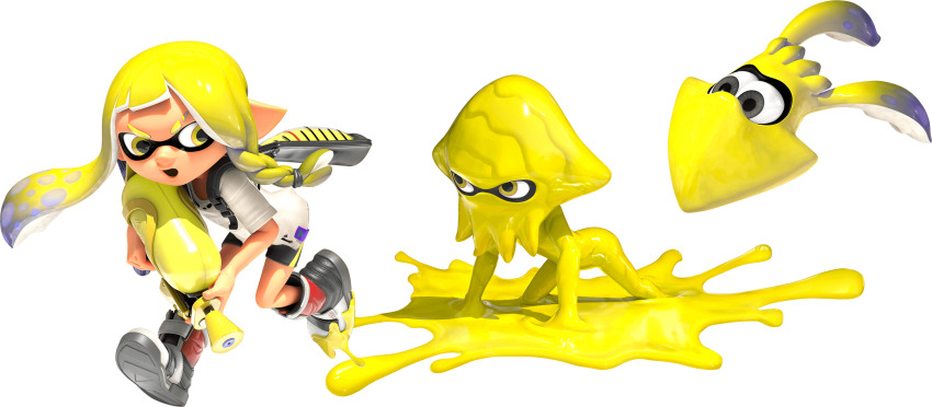 1girl 3d :o bare_arms bike_shorts blonde_hair boots braid eye_mask eyebrow_cut full_body gradient_hair grey_boots highres holding holding_weapon hunched_over ink_tank_(splatoon) inkling inkling_(swim_form) inkling_girl inkling_player_character long_hair looking_to_the_side multicolored_hair nintendo official_art open_mouth paint_splatter shirt short_eyebrows short_hair_with_long_locks side_braid sidelocks solo splatoon_(series) splatoon_3 splattershot_(splatoon) spotted_hair suction_cups t-shirt tentacle_hair thick_eyebrows transformation transparent_background two-tone_hair v-shaped_eyebrows veronika_(splatoon) walking weapon white_shirt yellow_eyes