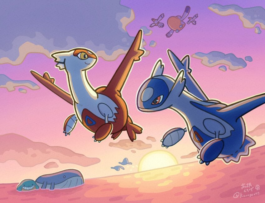 bird claws closed_mouth cloud dragon flying gen_2_pokemon gen_3_pokemon latias latios legendary_pokemon mantine nintendo no_humans ocean open_mouth outdoors pelican pelipper pink_sky pokemon pokemon_(creature) pokemon_focus red_eyes seagull sky smile sunset takahashi_kurage_(kurage077) teeth wailmer wailord water whale wings wingull yellow_eyes