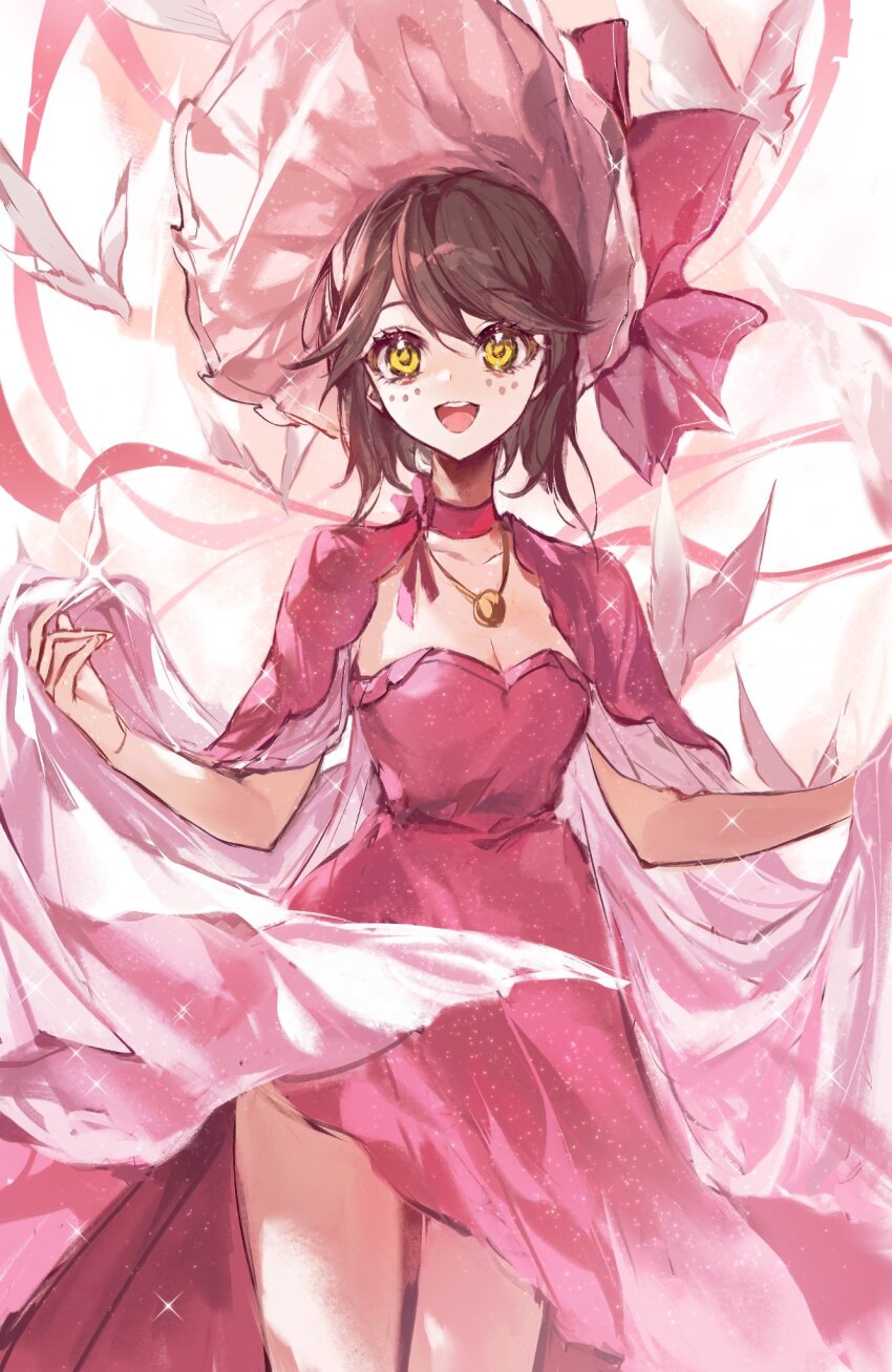 1girl :d bird bonnet bow breasts brown_hair capelet choker cleavage cowboy_shot dove dress emma_woods freckles high-low_dress high-low_skirt highres identity_v jewelry looking_at_viewer medium_breasts open_mouth pendant pink_bonnet pink_bow pink_capelet pink_choker pink_dress pink_ribbon ribbon ribbon_choker short_hair skirt_hold smile solo standing strapless strapless_dress swept_bangs white_background yellow_eyes zi_yin