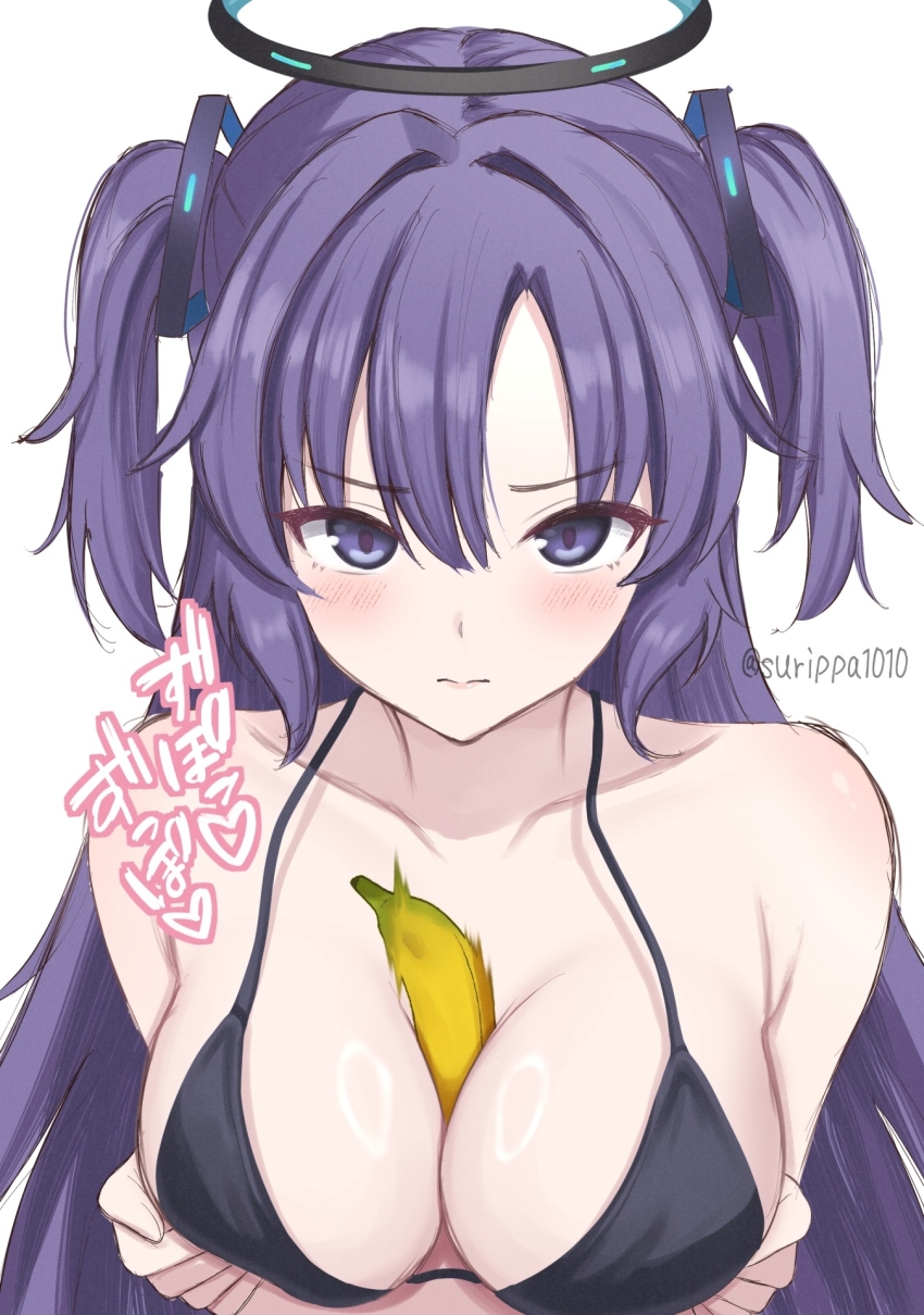 1girl banana between_breasts bikini black_bikini black_halo blue_archive blush breasts breasts_squeezed_together cleavage commentary_request food food_between_breasts food_on_body food_on_breasts fruit hair_ornament halo hands_on_own_breasts highres long_hair looking_at_viewer medium_breasts phallic_symbol purple_eyes purple_hair sexually_suggestive simple_background simulated_paizuri solo surippa1010 swimsuit triangle_hair_ornament two_side_up white_background yuuka_(blue_archive)