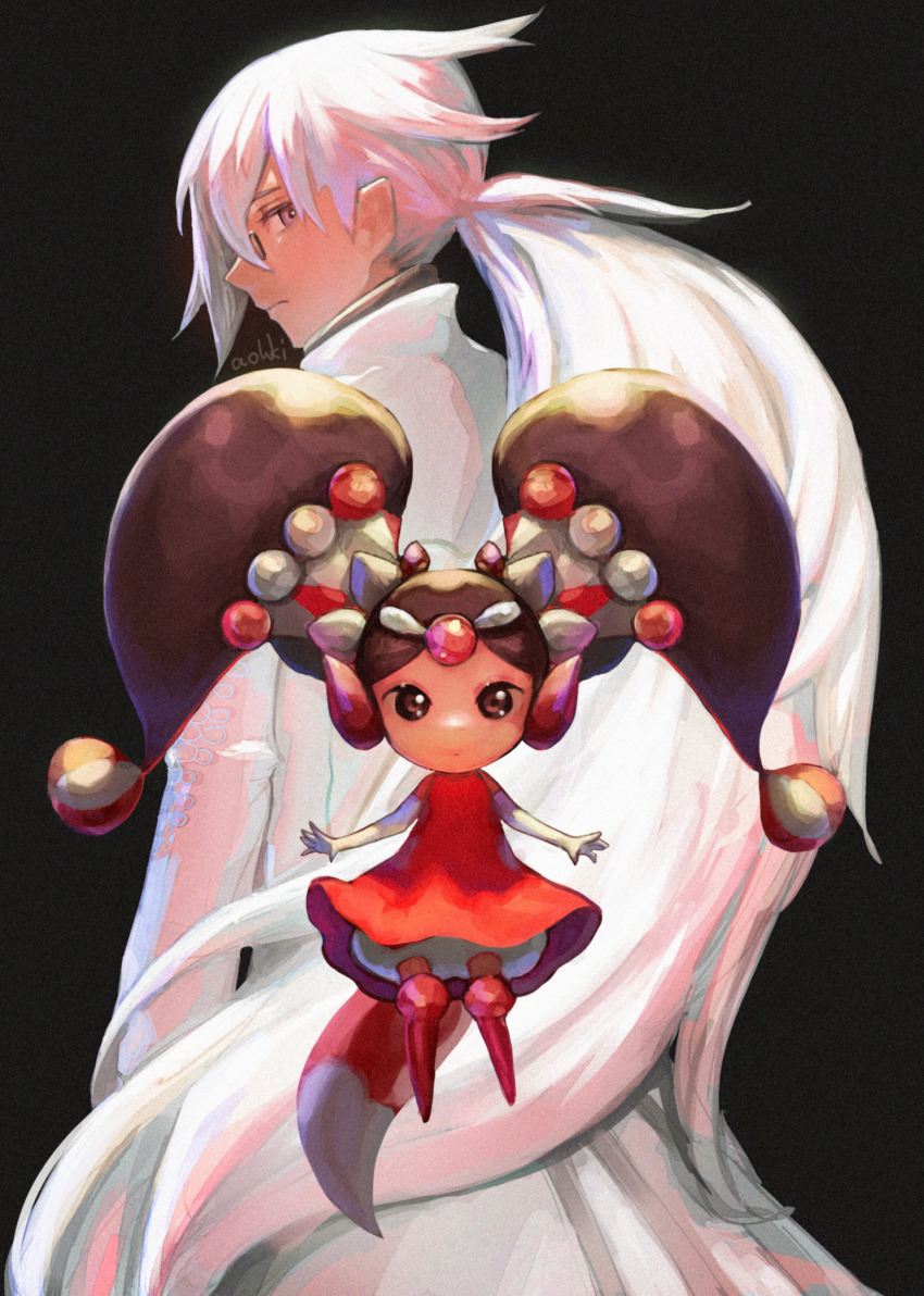 1boy 1girl bravely_default:_flying_fairy bravely_default_(series) brown_eyes brown_hair closed_mouth coat dark_background dress full_body gloves highres lab_coat long_hair looking_at_viewer low_ponytail ponytail red_dress red_footwear tail twintails very_long_hair victor_s._court victoria_f._stein waterstaring white_coat white_gloves white_hair
