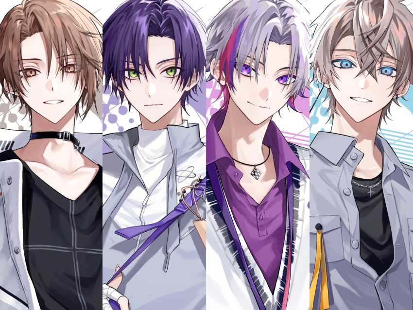 4boys alase_00 belt_collar black_shirt blue_eyes brown_eyes brown_hair collar fuwa_minato green_eyes grey_hair grey_jacket highres jacket jewelry kagami_hayato kaida_haru kenmochi_touya looking_at_viewer multicolored_hair multiple_boys necklace nijisanji purple_eyes purple_hair purple_shirt rof-mao shirt short_hair smile streaked_hair turtleneck upper_body virtual_youtuber white_jacket