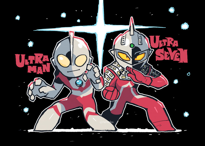 2boys alien armor character_name clenched_hand color_timer contrapposto copyright_name fighting_stance highres male_focus multiple_boys open_hands rariatto_(ganguri) science_fiction shouwa sky space star_(sky) starry_sky twitter_username ultra_series ultraseven ultraseven_(series) ultraman ultraman_(1st_series) yellow_eyes