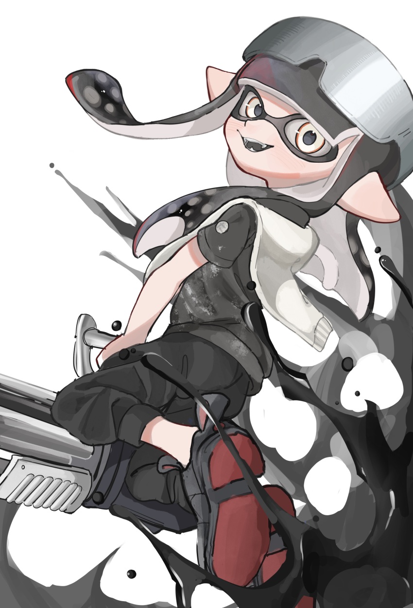 1girl absurdres ballpoint_splatling_(splatoon) black_hair black_pants black_shirt eyewear_on_head gun highres holding holding_gun holding_weapon inkling inkling_girl inkling_player_character lemo_(lemo_4) long_hair nintendo open_mouth paint pants pointy_ears shirt simple_background smile solo splatoon_(series) splatoon_3 sunglasses teeth tentacle_hair weapon white_background