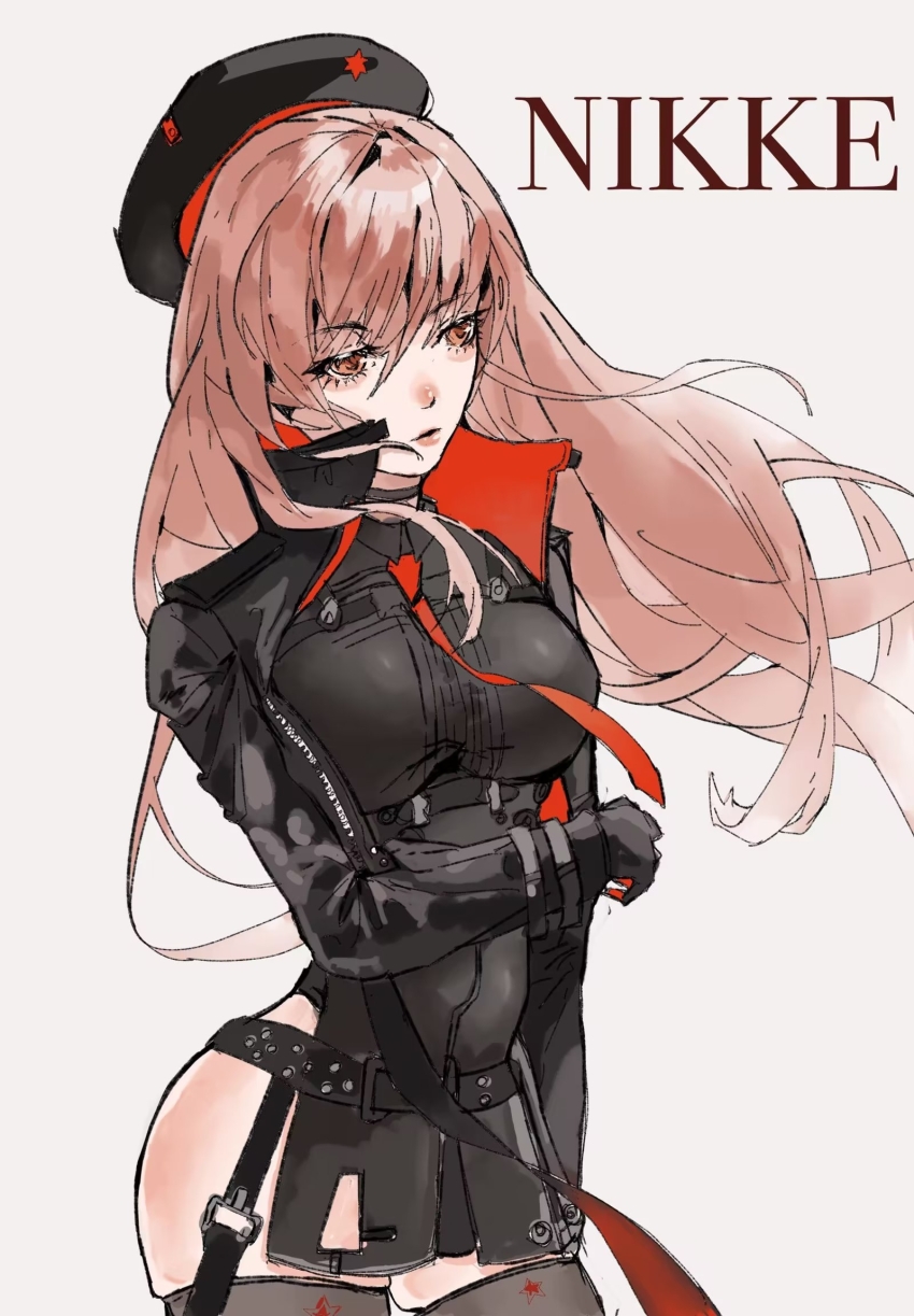 1girl beret black_jacket black_leotard black_thighhighs collared_leotard copyright_name cropped_legs goddess_of_victory:_nikke hat highres jacket leotard long_hair pink_eyes pink_hair rapi_(nikke) solo thighhighs white_background yinggu