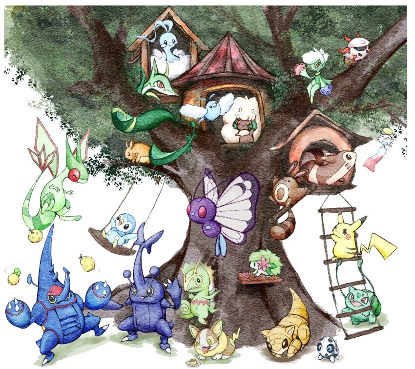 ^_^ altaria animal_focus antennae aron beetle berry_(pokemon) bird blue_eyes blue_skin border brown_fur bug bulbasaur butterfly butterfree chimecho claws closed_eyes cloud colored_skin commentary_request curled_horns dark_skin dedenne dog fireblast floating fluffy flygon food furret game_freak gen_1_pokemon gen_2_pokemon gen_3_pokemon gen_4_pokemon gen_5_pokemon gen_6_pokemon gen_8_pokemon heracross highres horns insect kecleon larvesta mega_heracross mega_pokemon mouse_(animal) nintendo no_humans on_swing open_mouth penguin pikachu piplup plant plate pokemon pokemon_(creature) pudding red_eyes roserade sandshrew sentret serperior simple_background single_horn sitrus_berry snake swablu swing swinging_on_swing tail tongue tongue_out tree treehouse vines whimsicott white_background white_border wings yamper yellow_skin