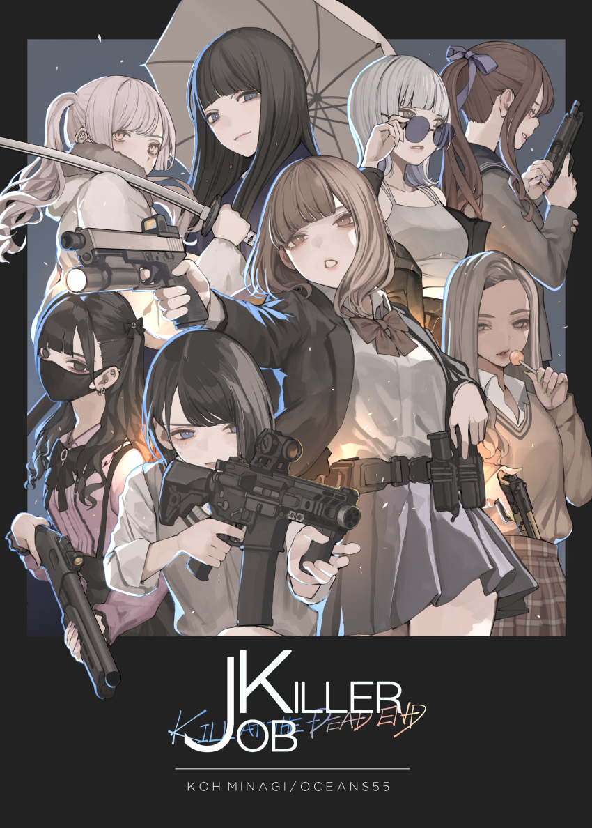 6+girls absurdres aiming ammunition_belt assault_rifle black_hair blonde_hair blue_eyes bow bowtie brown_bow brown_bowtie brown_hair candy coat cocking_gun commentary_request cover cover_page cowboy_shot ear_piercing english_text everyone food fur-trimmed_coat fur_trim grey_hair gun handgun highres holding holding_gun holding_umbrella holding_weapon job_killer jyakuzure_risa koh_(minagi_kou) lollipop long_hair long_sleeves mask midorikawa_hana mouth_mask multiple_girls ohiden_minami orange_eyes original piercing plaid_clothes plaid_skirt pleated_skirt ponytail revolver rifle school_uniform sengakuji_misa shotgun skirt sleeves_rolled_up twintails umbrella weapon yellow_eyes